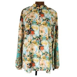 Soft Surroundings Top Aqua Peach Floral Sidney Colorful Relaxed Size M Button